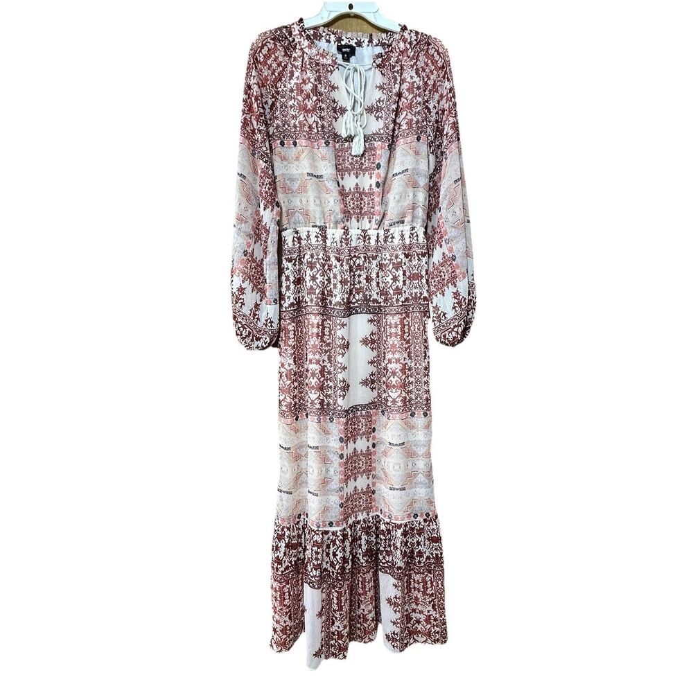 Mossimo Boho Midi Dress S Multicolor Elastic Waist Lined Ruffle Ruched V-Neck